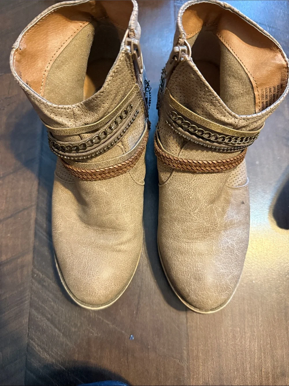 SO Tan Ankle Booties with Braided & Chain Straps